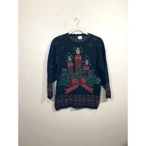 VTG Womens Christmas Candle Centerpiece Sweater M Black Ugly Sweater Sparkly 90s